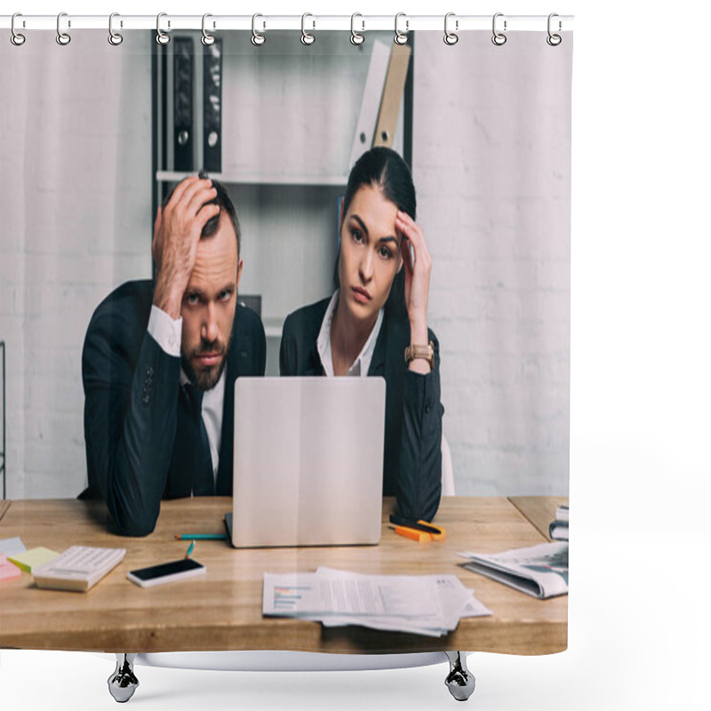 Personality  Portrait Of Stressed Business People At Workplace With Documents And Laptop In Office Shower Curtains