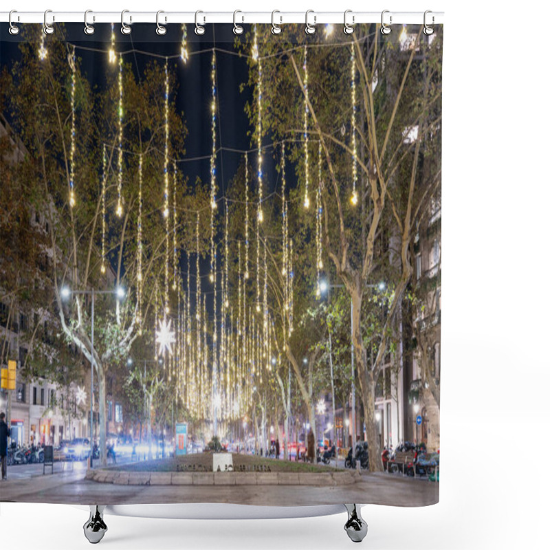 Personality  Barcelona, Spain. 11-29-2023. Christmas Lights Illuminate Barcelona's Jardines De Salvador Espriu Park Shower Curtains