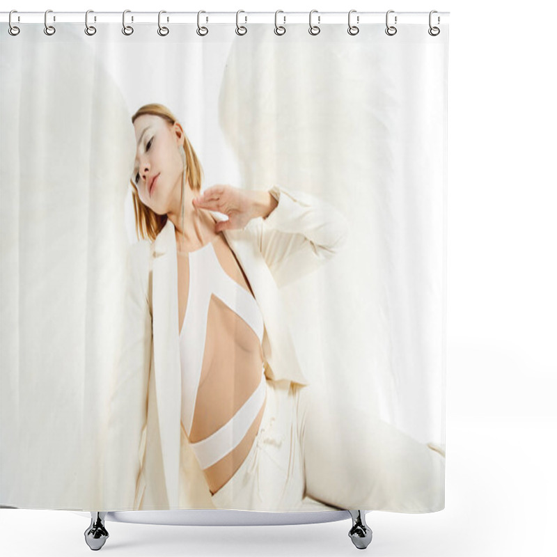 Personality  Woman In Costume Of Light Divine Angel With Wings Posing On White Backdrop, Glowing Aura Shower Curtains