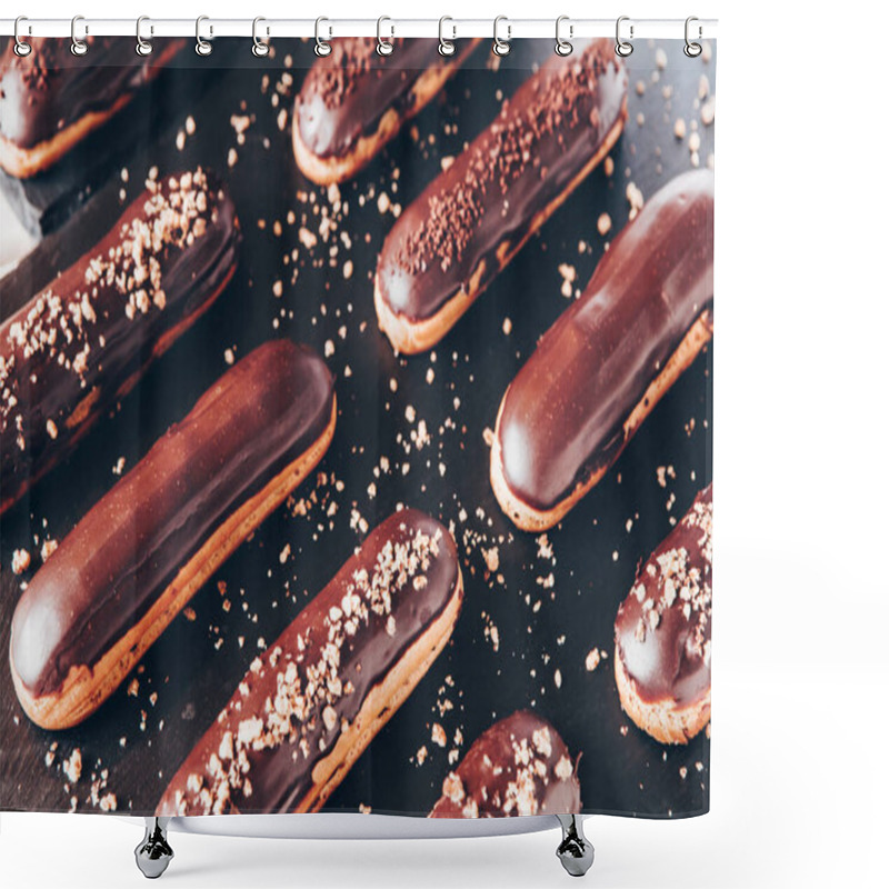 Personality  Traditional French Eclairs With Chocolate. Tasty Dessert. Home Made Cake Eclairs Sweet. Dessert. Pastry Filled With Cream. Chocolate Icing. Shower Curtains