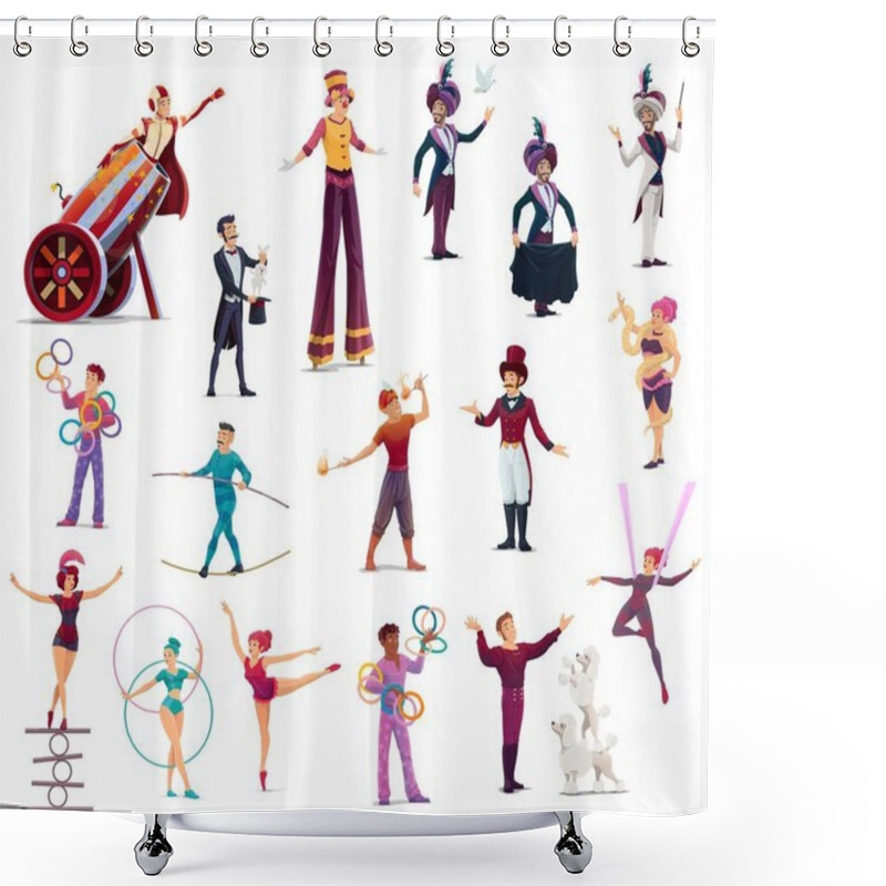 Personality  Circus Cartoon Characters Vector Performers, Top Tent Artists Clown, Acrobat And Man Cannon Ball. Trained Dogs, Juggler, Magician Or Trapeze Girl, Woman With Snake, Balancer And Tamer With Gymnast Set Shower Curtains