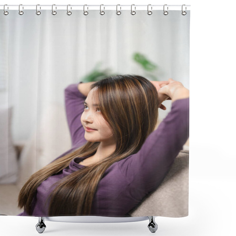 Personality  Relaxed Serene Pretty Young Woman Feel Fatigue Lounge On Comfortable Sofa. Finally Weekends. Asian Girl Serene  Relaxing On Sofa At Home Stretching Body Muscles Raises Her Arms. Shower Curtains