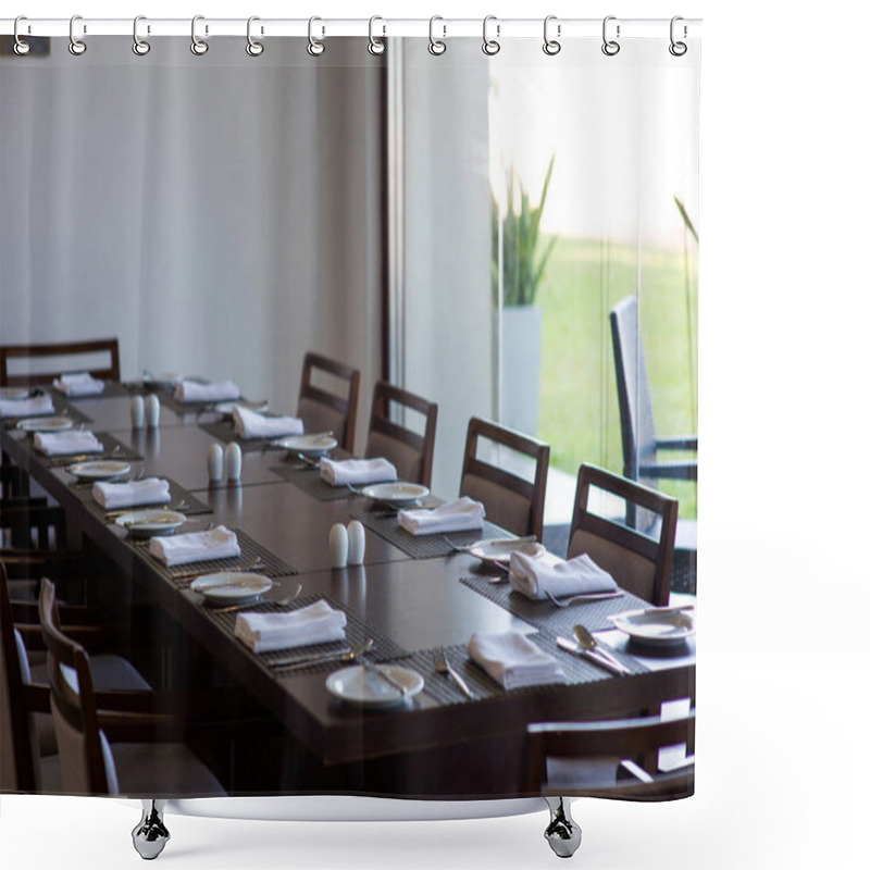 Personality  Served Table In Empty Restaurant Shower Curtains