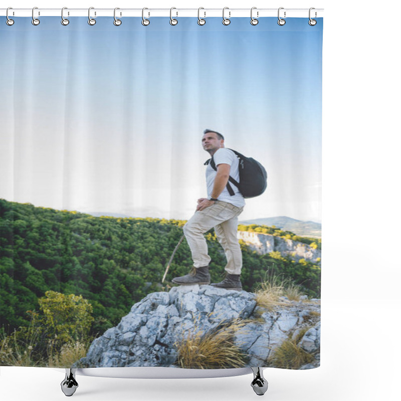 Personality  Hiker Standing On Mountain Top Shower Curtains