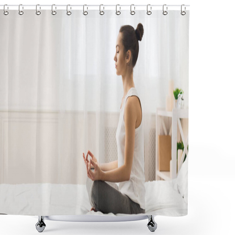 Personality  Morning Meditation. Woman Practicing Yoga On Bed Shower Curtains