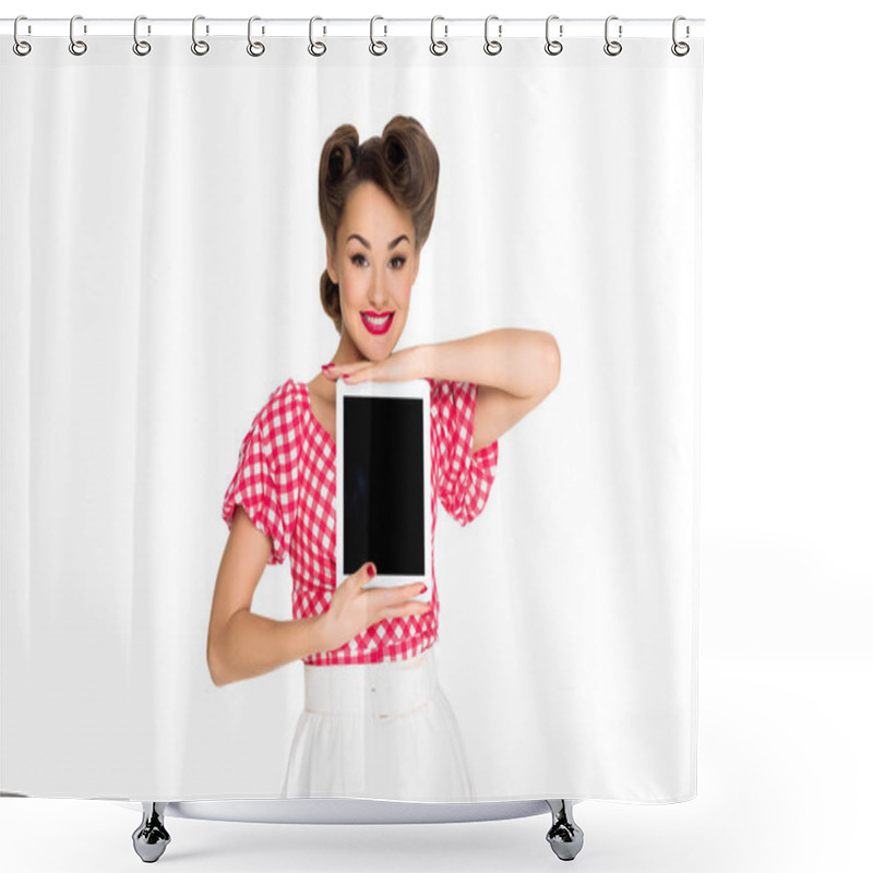 Personality  Portrait Of Smiling Woman In Pin Up Style Clothing Showing Tablet Isolated On White Shower Curtains