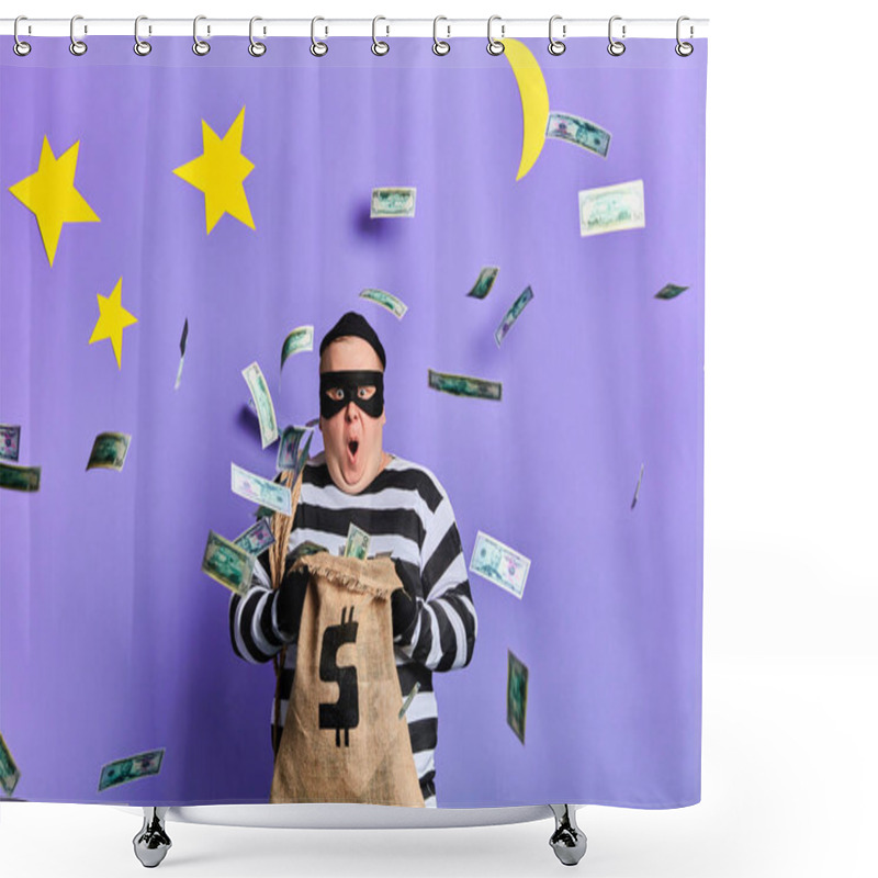 Personality  Excited Man Holding A Money Bag And Surprised At Flying Paper Money Shower Curtains