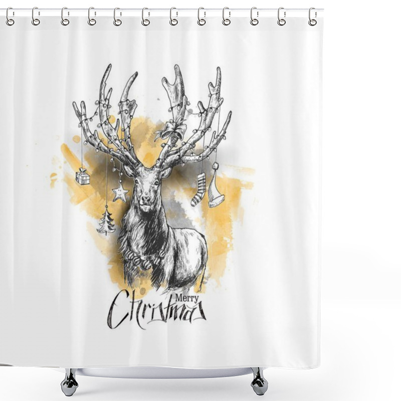 Personality  Happy Christmas - Cartoon Style Hand Sketchy Drawing Of Reindeer Shower Curtains