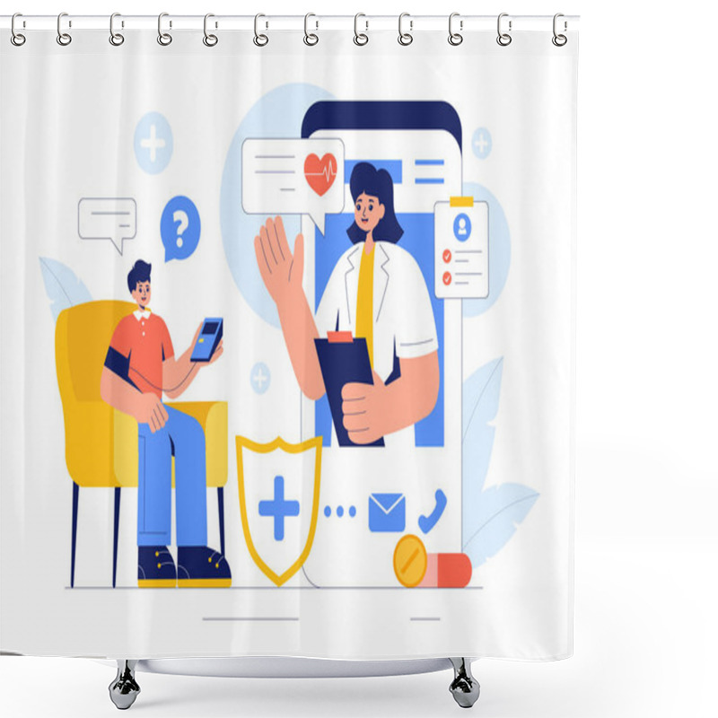 Personality  Remote Health Monitoring Vector Illustration Featuring The Use Of Digital Technology To Track Medical And Health Data In A Fat Style Background Shower Curtains