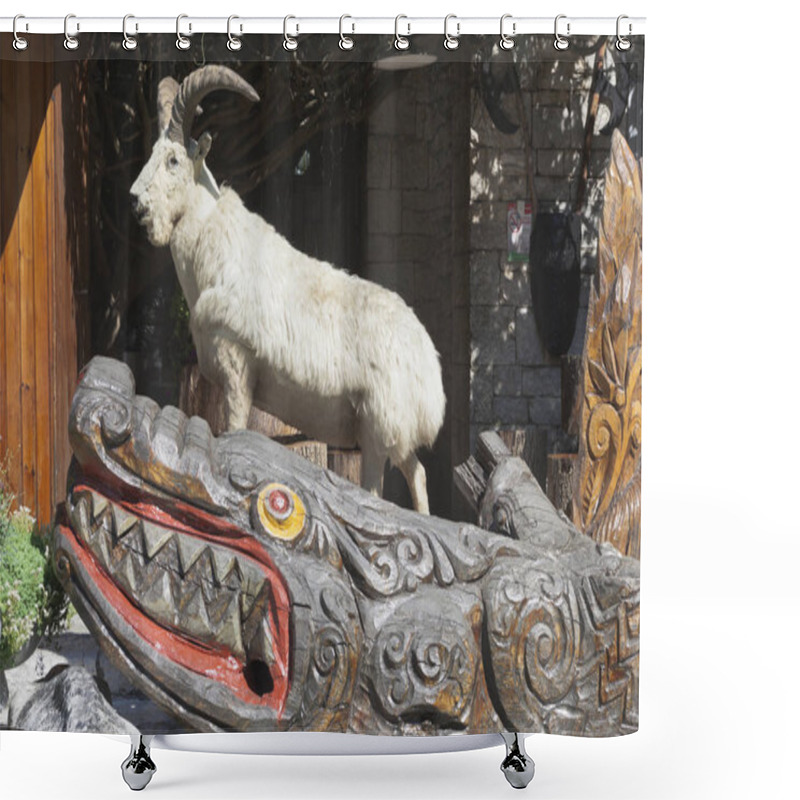 Personality  Sculptural Composition Of A Stuffed Goat And Carved Wooden Crocodile At The Foot Of The Tower On A Mountain Big Ahun, Sochi Shower Curtains