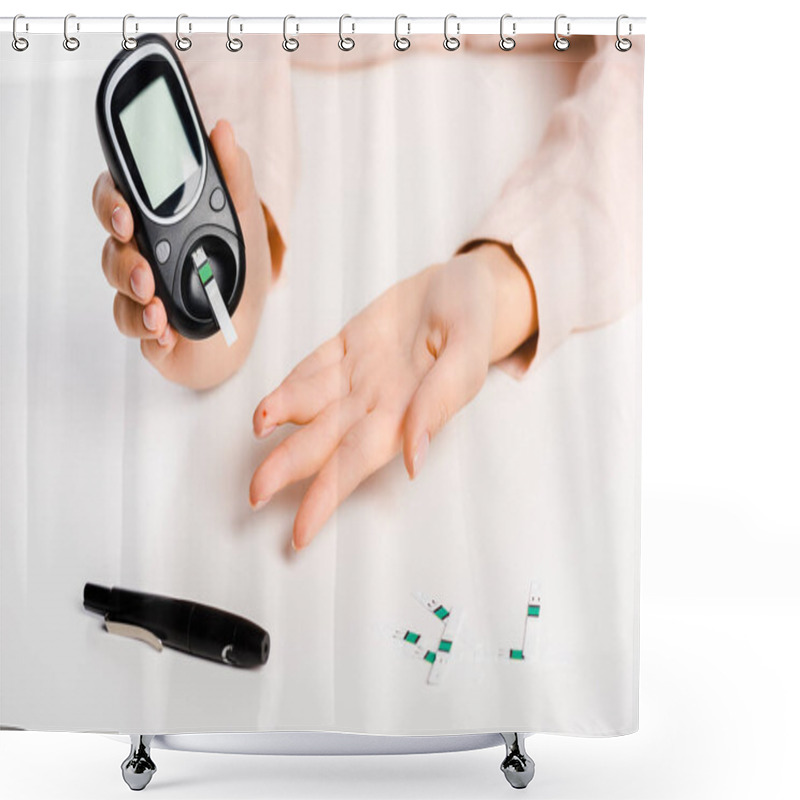 Personality  Cropped Image Of Woman Measuring Level Of Glucose In Blood With Glucometer Isolated On White, Diabetes Concept Shower Curtains