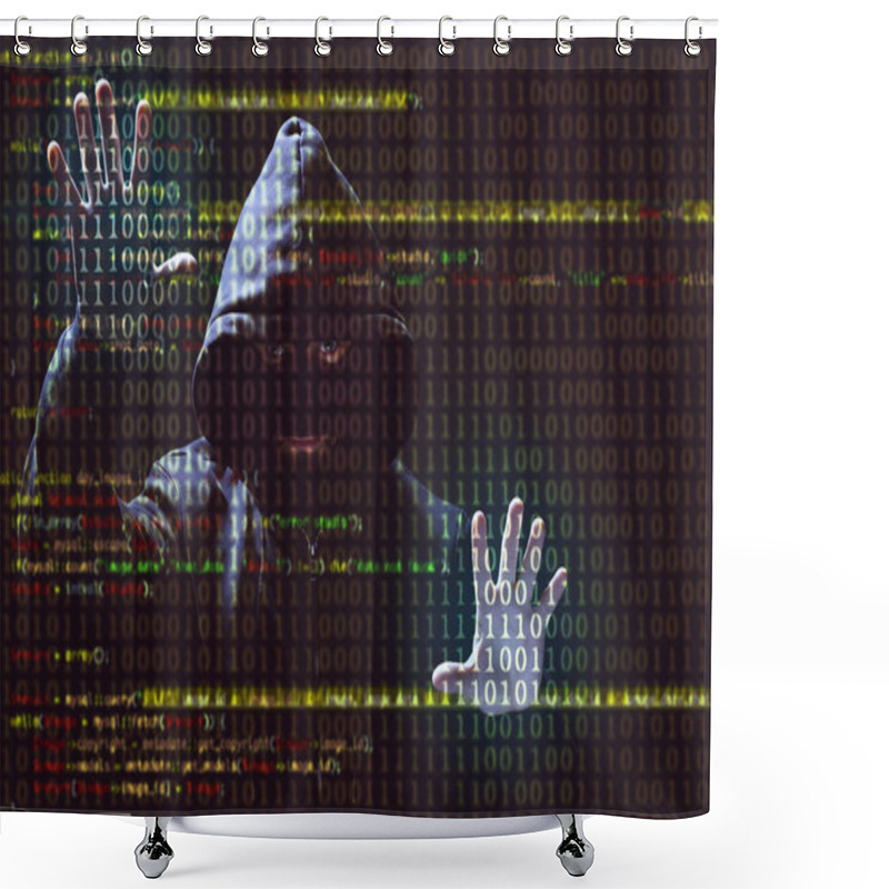 Personality  Professional Hacker Cracking Binary Code On Dark Background. Concept Of Internet Theft Shower Curtains