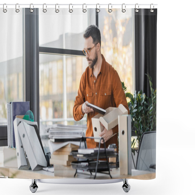 Personality  Serious Bearded Businessman In Eyeglasses And Shirt Standing With Carton Box And Notepad Next To Work Desk With Folders, Pile Of Books, Notebooks And Coffee To Go In Office Shower Curtains