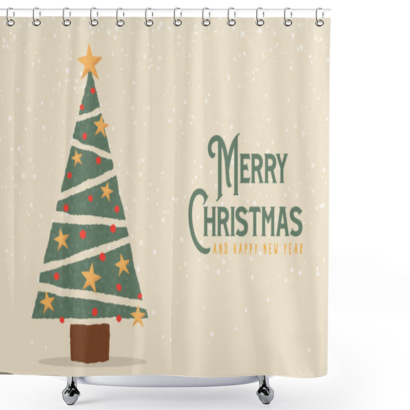 Personality  Merry Christmas Happy New Year Greeting Card Illustration. Pine Tree Cartoon With Festive Xmas Ornament Decoration. Vintage Style Design For Holiday Celebration Event. Shower Curtains