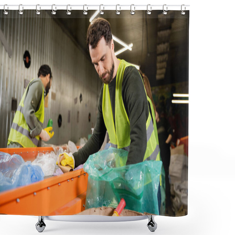 Personality  Bearded Sorter In High Visibility Vest And Protective Glove Separating Garbage Near Conveyor And Blurred Colleagues Working Together In Waste Disposal Station, Recycling Concept Shower Curtains