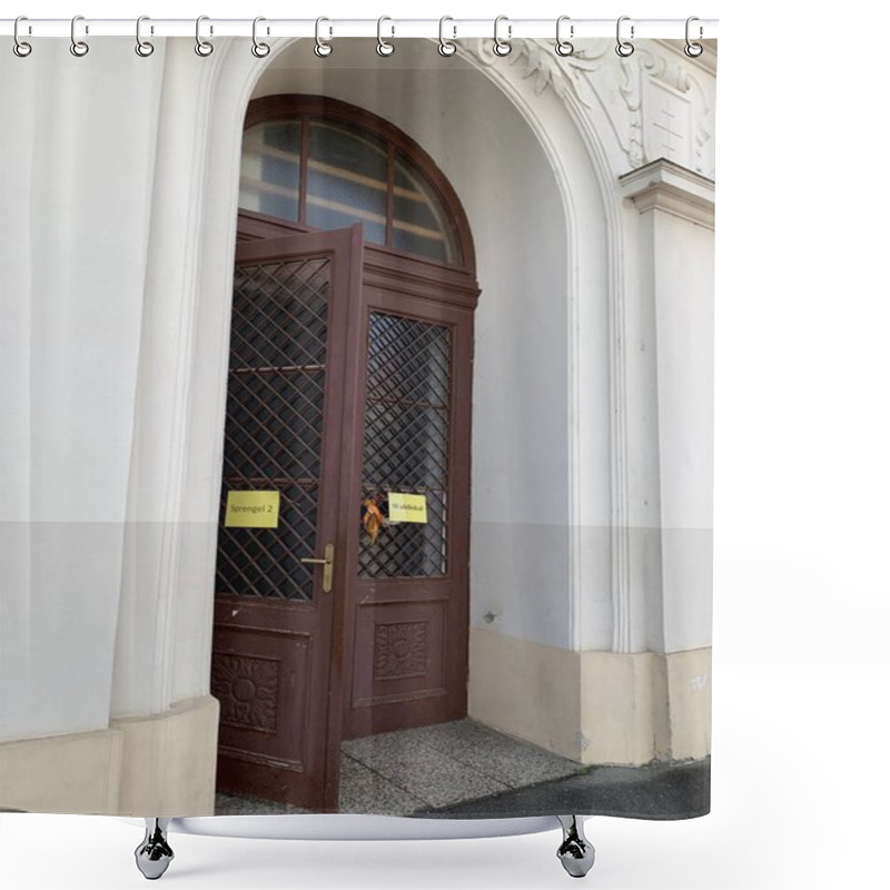 Personality  Ganserndorf, Lower Austria - January 26, 2025: Entrance Door To Polling Station Established In An Austrian School Building During Municipal Council Election. Shower Curtains