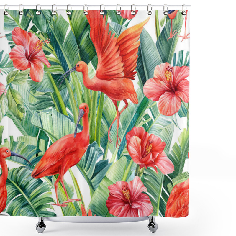 Personality  Tropical Leaves Palm, Hibiscus Flowers And Ibis Birds On An Isolated Background. Watercolor Seamless Pattern Shower Curtains