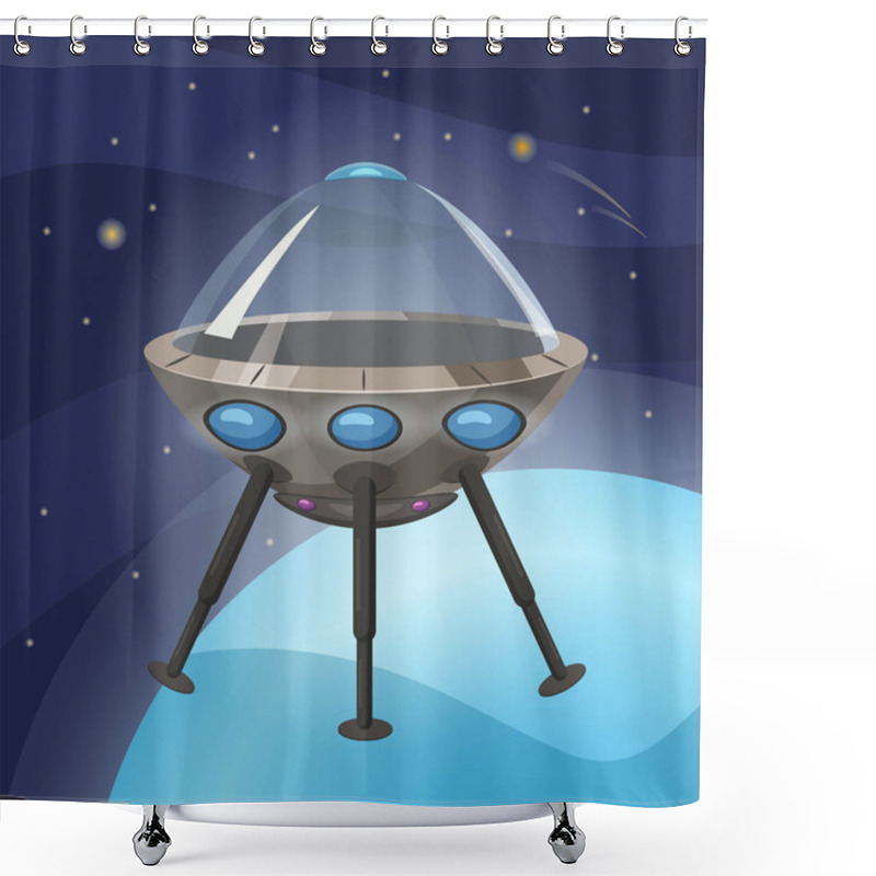 Personality  UFO Spaceship, Cartoon Style, Background Space Planet, Isolated, Vector, Illustration Shower Curtains