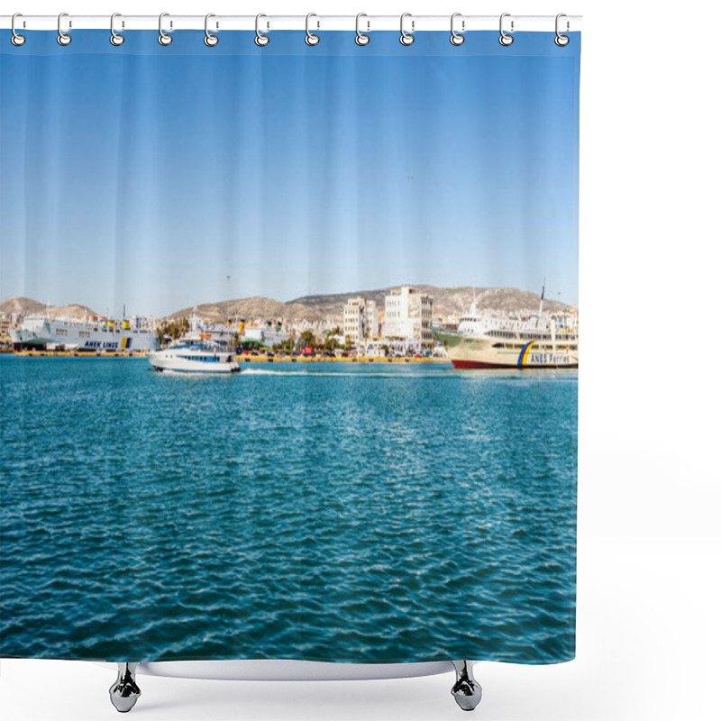 Personality  PIRAEUS, GREECE - APRIL 10, 2020: Large Ferries With Anek Lines Lettering In Aegean Sea  Shower Curtains