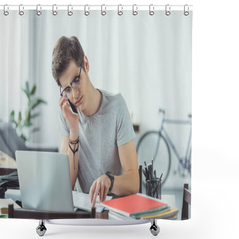 Personality  Student Talking Smartphone While Doing Homework With Laptop At Home Shower Curtains