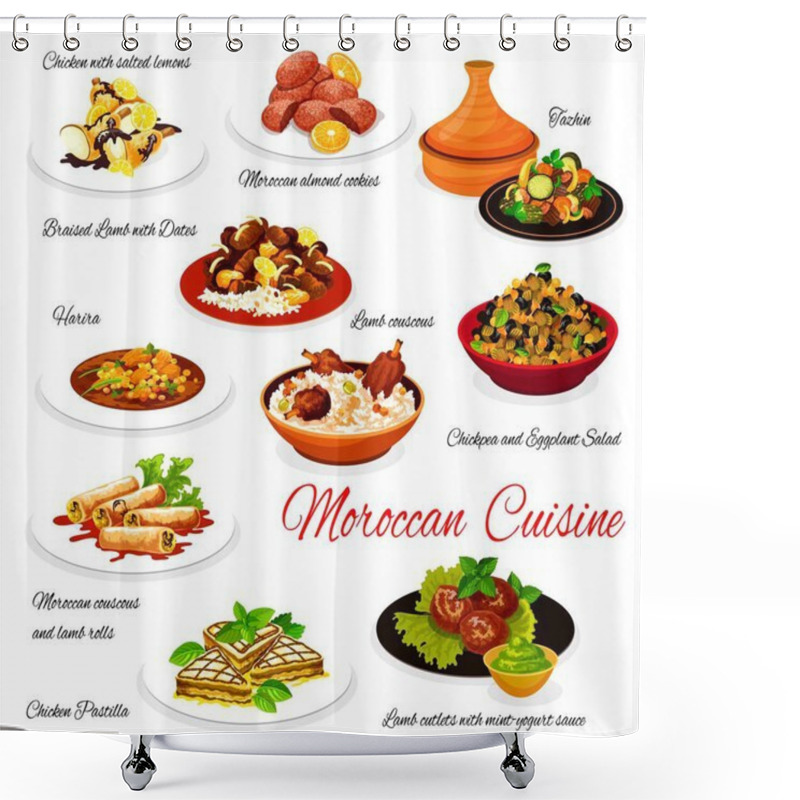 Personality  Moroccan Cuisine Dishes, Morocco Authentic Restaurant Menu, Vector Food. Moroccan Almond Cookies, Tazhin And Harira Soup, Chickpea With Eggplant Salad, Lamb Couscous And Chicken Pastilla Shower Curtains