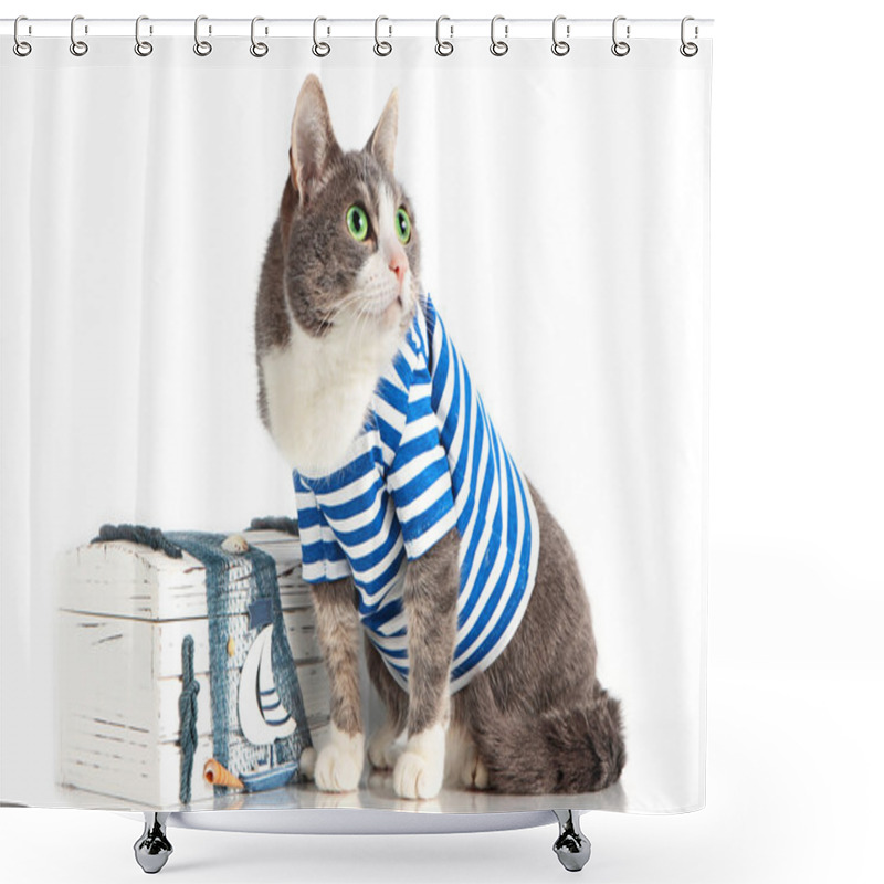 Personality  Grey Cat In Seaman Suit On Isolated Background With Chest Shower Curtains