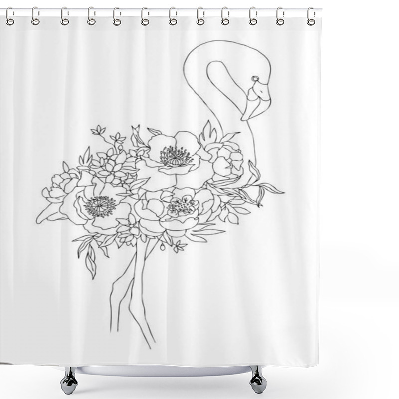 Personality  Vector Linear Drawing Bird Flamingo With Blooming Flowers. Isolated Decorative Element. Graphic Bird Concept. Tropical Concept. Flower Concept. Tattoo Concept Shower Curtains