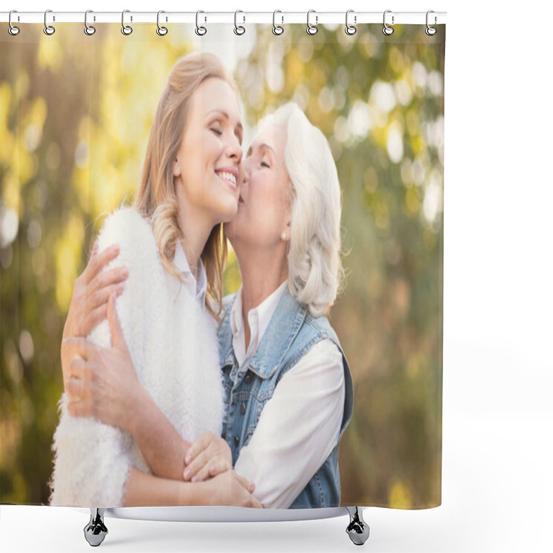 Personality  Aging Mother Kissing Loving Daughter In The Park Shower Curtains