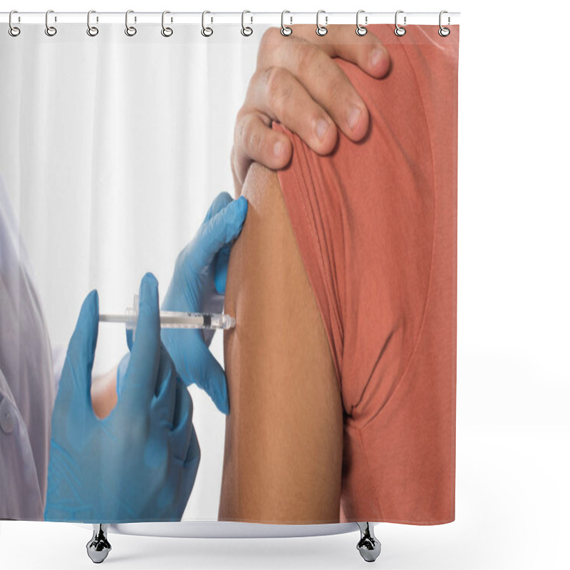 Personality  Cropped View Of Doctor Doing Vaccine Injection In Shoulder Of Patient Isolated On White Shower Curtains