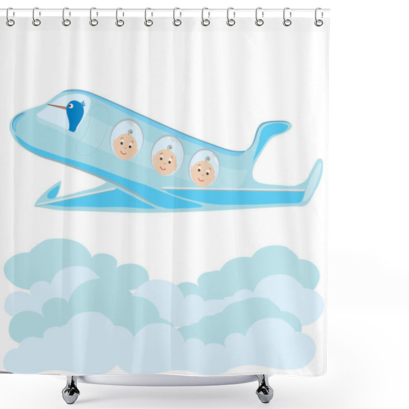 Personality  Stork Carries On A Plane Triplets Baby Boys Shower Curtains