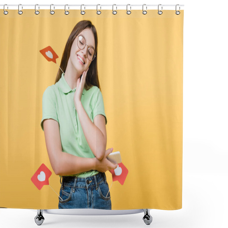 Personality  Smiling Teenager With Paper Hearts On Sticks Holding Smartphone Isolated On Yellow Shower Curtains