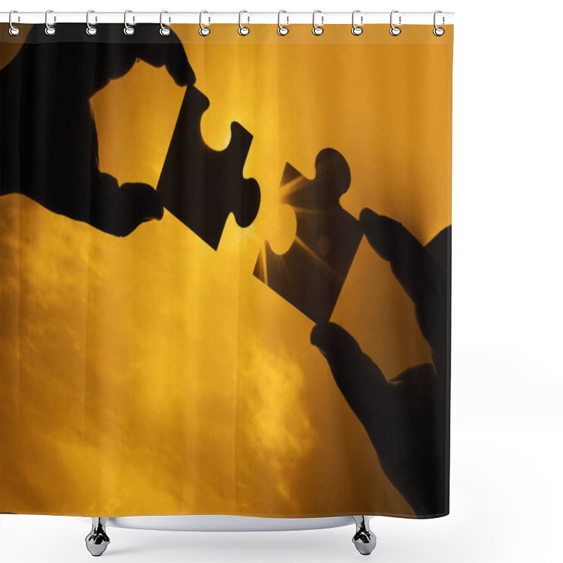 Personality  Hands  With  Puzzle Pieces On   Sky Background.   Shower Curtains