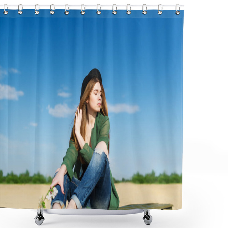 Personality  The Girl Model In An Apple Tree Garden. Shower Curtains