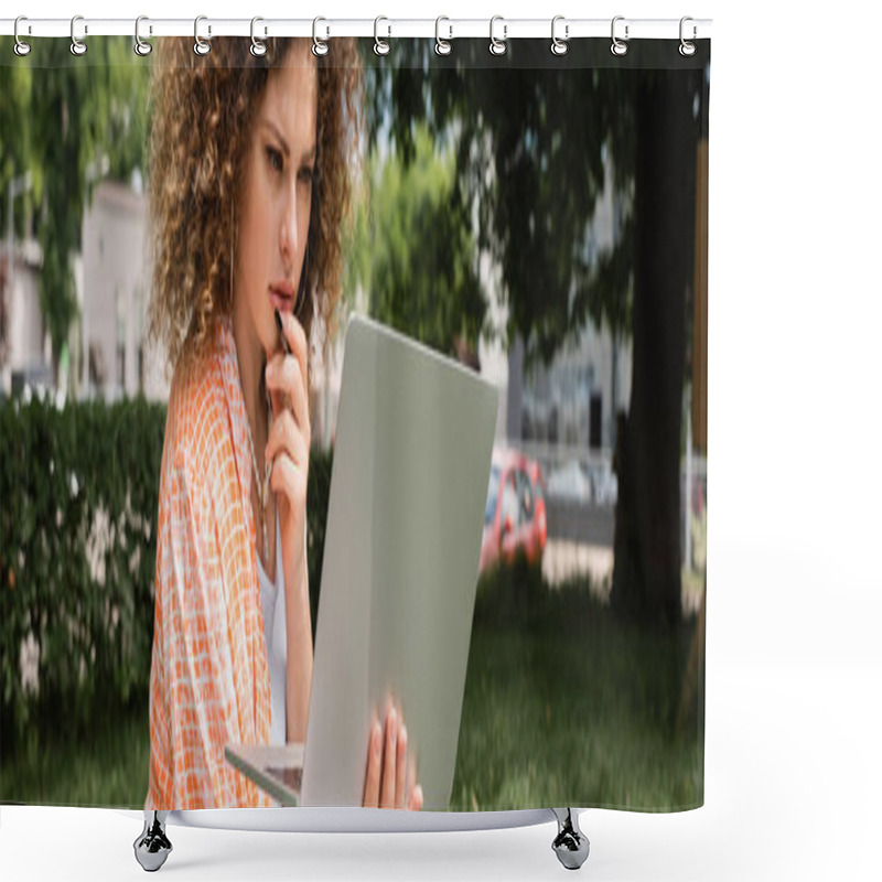 Personality  Pensive Freelancer With Curly Hair Holding Laptop While Sitting In Green Park, Banner  Shower Curtains