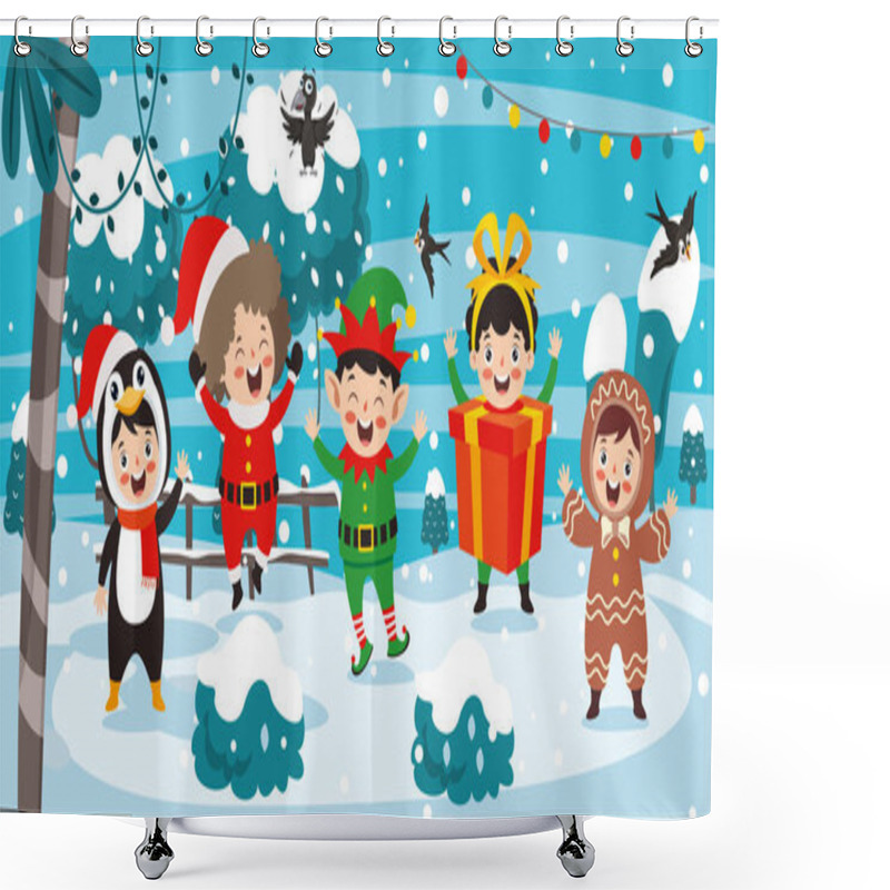 Personality  Children Wearing Costumes In Christmas Theme Shower Curtains