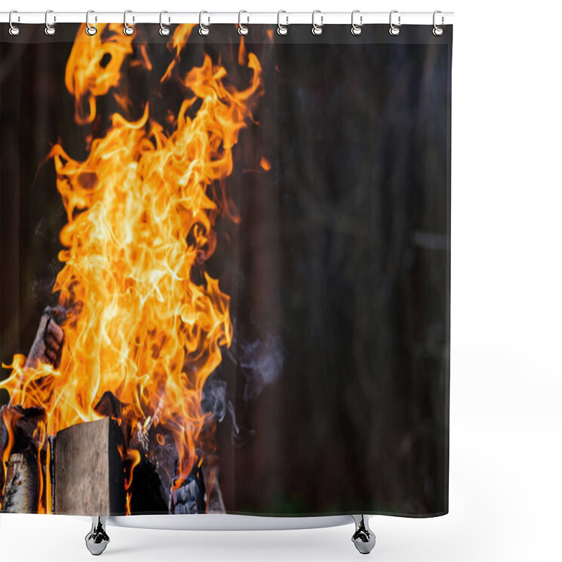 Personality  A Bright Orange Flame Of Fire Burns Against A Dark Background. Burning Birch Firewood. Flaming Tongues Of Fire Rush Up. Intense Heat. Shower Curtains