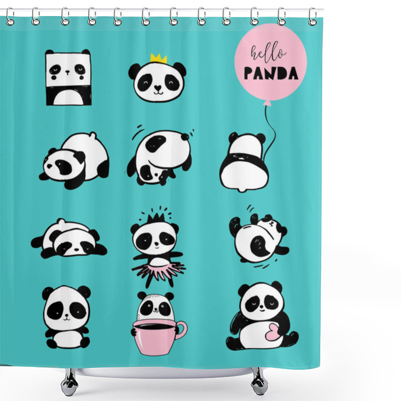 Personality  Cute Panda Bear Illustrations, Collection Of Vector Hand Drawn Elements, Black And White Icons Shower Curtains