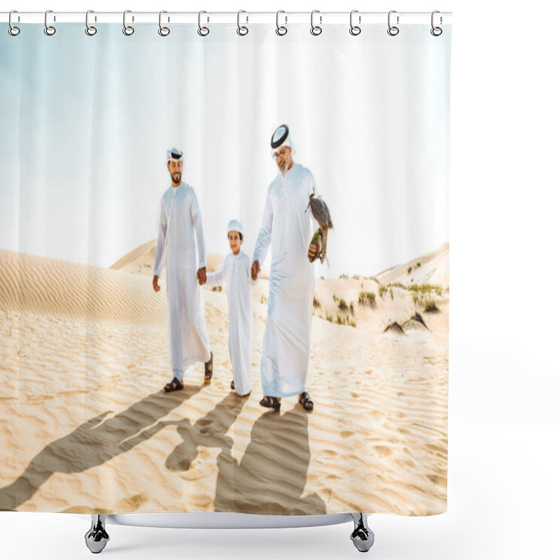 Personality  Three Generation Family Making A Safari In The Desert Of Dubai. Grandfather, Son And Grandson Spending Time Together In The Nature And Training Their Falcon Bird. Shower Curtains