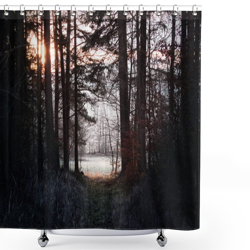 Personality  The End Of The Road Coming To The Meadow From The Dark And Cold Forest. Sunset Through The Trees. Shower Curtains