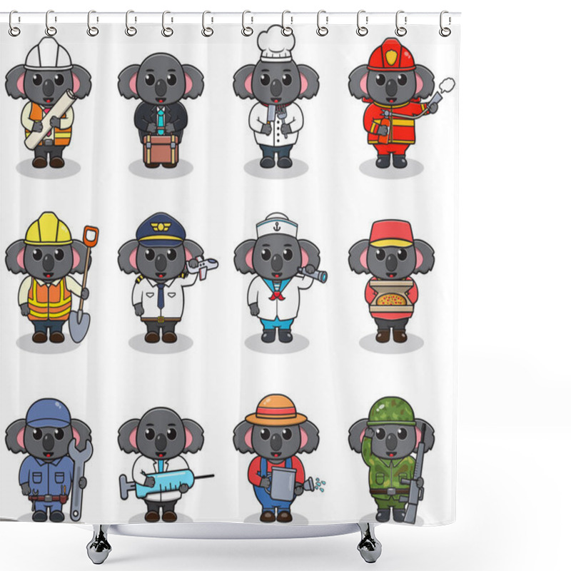 Personality  Cartoon Koala In Professional Uniform. Vector Set Of Koala Different Professions. Vector Characters With Jobs Different Occupation. Different Jobs Professionals. Isolated Vector Icons Set Shower Curtains