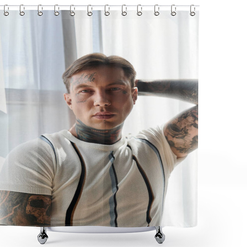 Personality  Young Man With Tattoos Showcases His Style And Confidence In A Well Lit Indoor Space. Shower Curtains