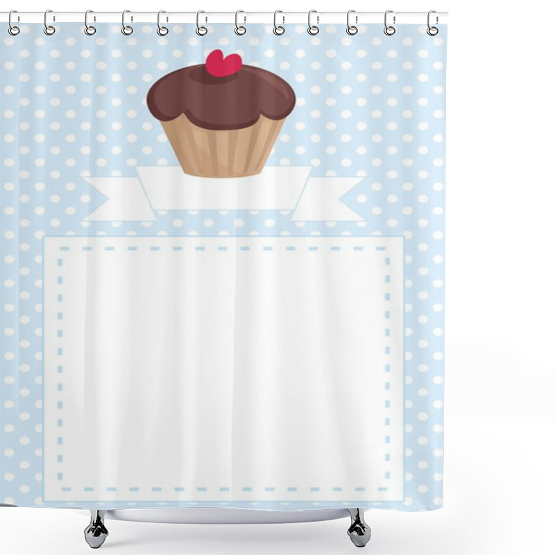 Personality  Restaurant Vector Menu Template Or Baby Shower Invitation With Chocolate Cupcake On Blue Pattern With White Polka Dots Background With White Space For Text Message Shower Curtains