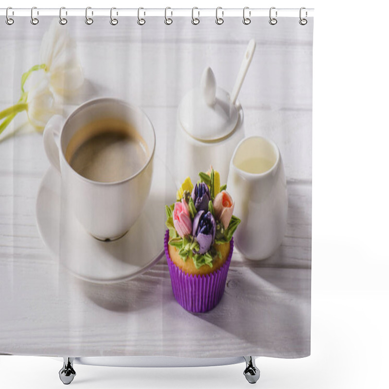 Personality  Close Up View Of Tulips, Cup Of Coffee, Sweet Muffin And Jag Of Cream On White Wooden Tabletop Shower Curtains