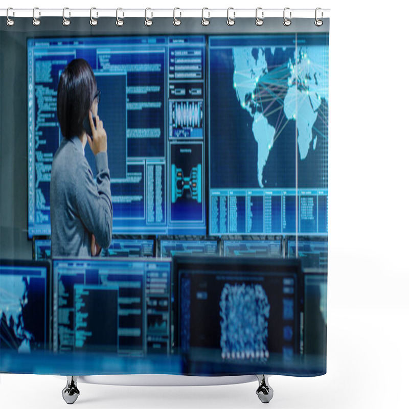 Personality  In The System Control Room IT Administrator Talks On The Phone. He's In A High-Tech Facility That Works On The Surveillance, Neural Networks, Data Mining, AI Projects. Shower Curtains