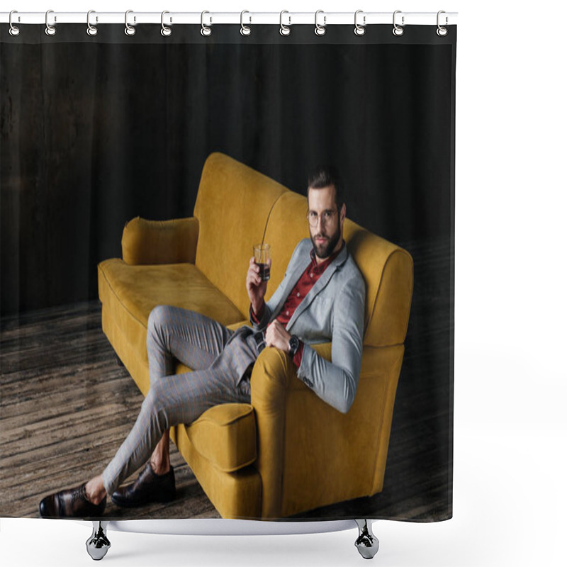 Personality  Stylish Handsome Man Holding Glass Of Cognac And Sitting On Yellow Couch Shower Curtains