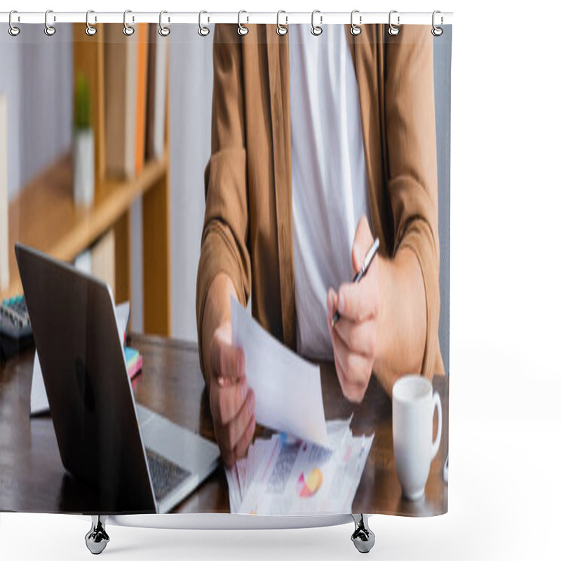 Personality  Cropped View Of Businessman Working With Papers Near Laptop, Horizontal Image Shower Curtains