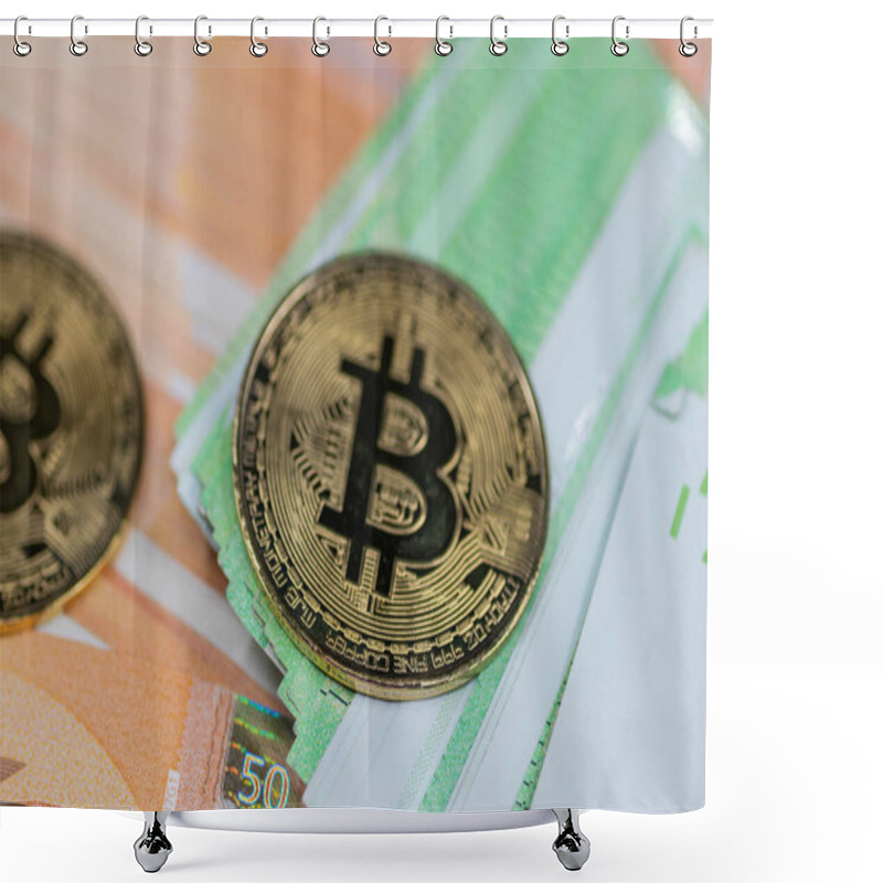 Personality  Golden Bitcoin Coins Are Arranged Alongside A Pile Of Euro Notes, Symbolizing The Interplay Between Traditional And Digital Currency In Modern Finance Shower Curtains