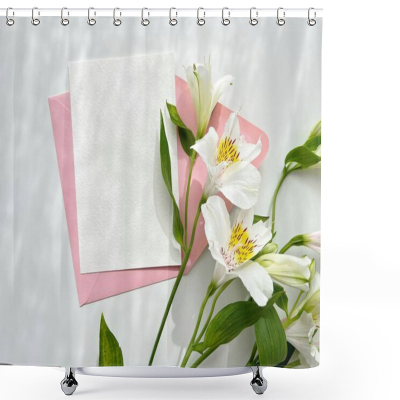 Personality  Elegant White Flowers With Pink Envelopes And A Blank Card For Invitations Or Messages. Shower Curtains