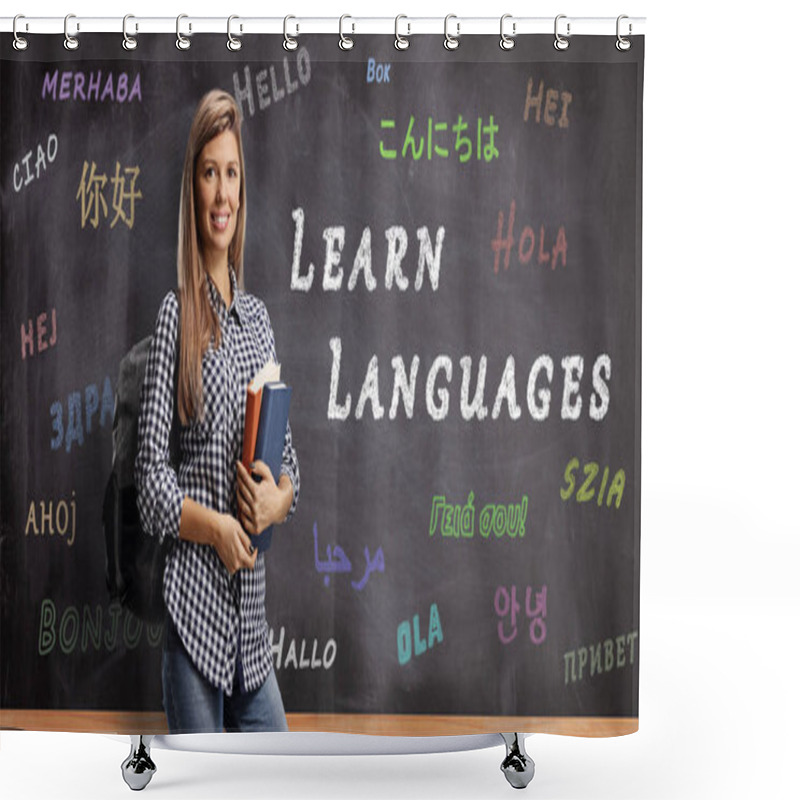 Personality  Female Student With Books Posing In Front Of A Blackboard With T Shower Curtains