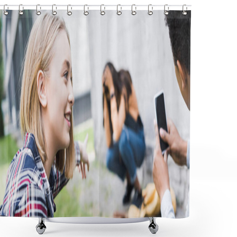 Personality  Panoramic Shot Of African American Boy And Blonde Teenager Pointing With Finger And Shooting Scared Teenager Shower Curtains